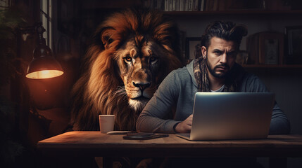 Obraz na płótnie Canvas Pessoa no computador com um leão atrás dele