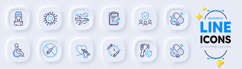 People insurance, Coronavirus and Sodium mineral line icons for web app. Pack of Disability, Vaccine report, Social care pictogram icons. Oculist doctor, Vaccination schedule. Vector - obrazy, fototapety, plakaty