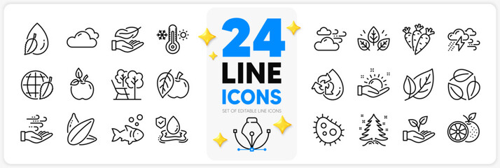 Icons set of Christmas tree, Recycle water and Sunflower seed line icons pack for app with Water drop, Orange, Organic tested thin outline icon. Sunny weather, Apple, Leaves pictogram. Vector