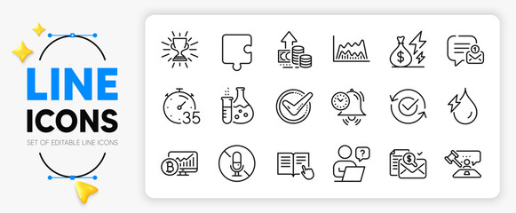 Puzzle, Accounting report and New message line icons set for app include Approved, Trade chart, Bitcoin chart outline thin icon. Electricity price, Inflation, Timer pictogram icon. Vector