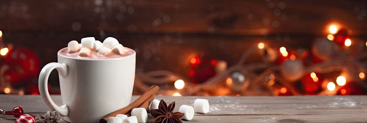 Tuinposter Hot chocolate - hot chocolate with marshmallows, Christmas background. © Мария Фадеева