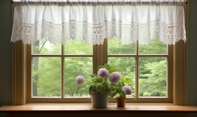 Old kitchen window in countryside cottage, romantic white lace curtains, retro old country scene.