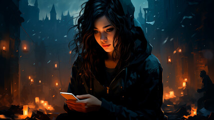 woman in the hood of burning burning in the dark night. - obrazy, fototapety, plakaty