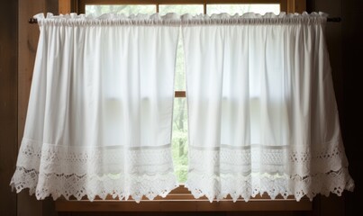 Old kitchen window in countryside cottage, romantic white lace curtains, retro old country scene.