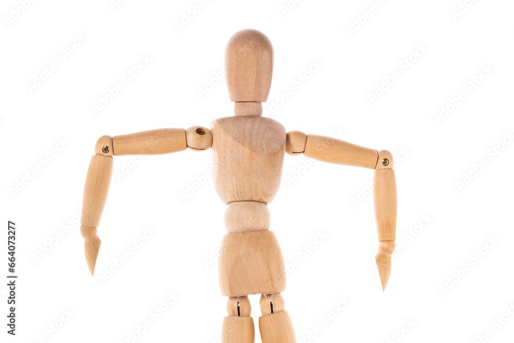 Poster A wooden mannequin standing on a white surface. This versatile image can be used for various concepts and themes.