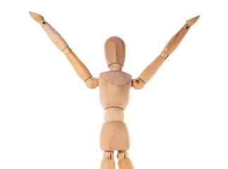 A wooden mannequin with its arms extended outwards. This versatile image can be used to represent concepts such as creativity, freedom, expression, or even yoga poses. Ideal for graphic design, advert