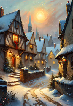 painting of a medieval town street in winter with ancient houses covered in snow