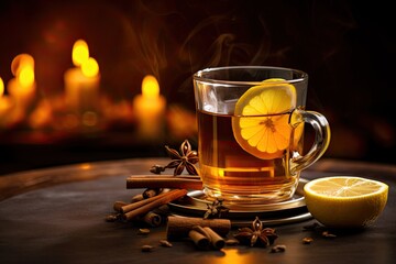 Hot toddy - hot whiskey with lemon, honey and spices. Against the background of glare.