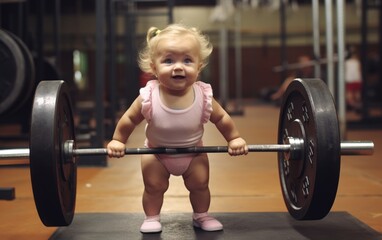 Fototapeta Little strong baby girl lifts heavy barbell obraz