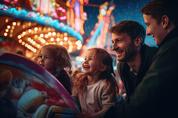 Parents and children playing in the amusement park at night with everything illuminated and colorful. - obrazy, fototapety, plakaty