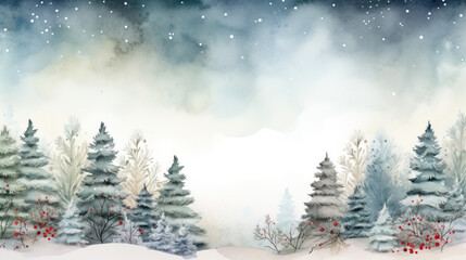 Naklejka premium Watercolor Winter Christmas tree forest background with snow, Frame template, Copy space. Generative AI