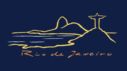 Illustration in free and simple lines of the landscape of the city of Rio de Jameiro, Brazil. Stylized and editable art.