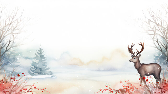 Watercolor Winter Christmas tree forest background with snow and reindeer, Frame template, Copy space. Generative AI