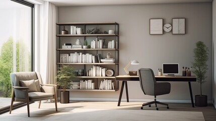 Office room at home, modern interior in Scandinavian style, desk, chair, shelf with books