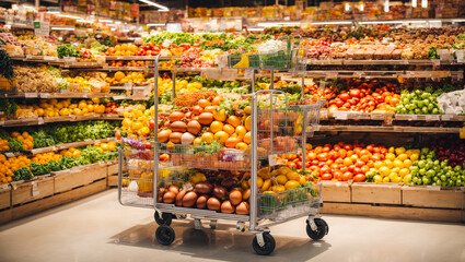 Various fresh vegetables and fruits on supermarket shelves - obrazy, fototapety, plakaty