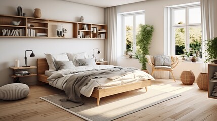 Cozy bedroom in a minimalist style, Scandinavian interior, bed with bedding and a blanket