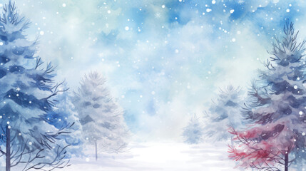 Watercolor Winter Christmas tree forest background with snow, Frame template, Copy space. Generative AI - obrazy, fototapety, plakaty