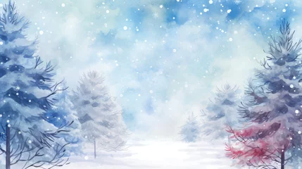 Rolgordijnen Watercolor Winter Christmas tree forest background with snow, Frame template, Copy space. Generative AI © BussarinK