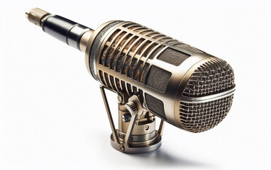 An isolated vintage microphone against a white backdrop. Retro microphone with short leg stand.