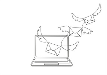 continuous line drawing of 
Email message post letter send, illustration.One line drawing of laptop and fly envelopes with wings.