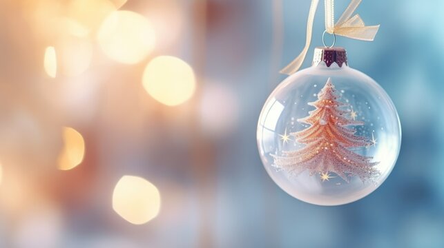Christmas ornament with xmas tree inside on pastel background with bokeh lights