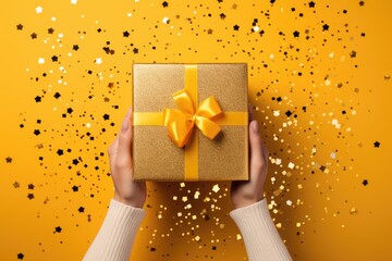 Top view of woman hands holding gift box wrapped and decorated with satin ribbon with copy space