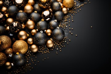 Fancy golden and black christmas background with ornaments. Greeting card mockup