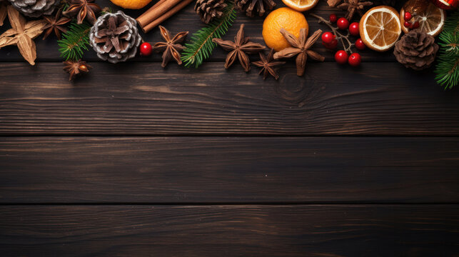 Christmas ornament decoration on dark wooden background, copy space. Generative AI