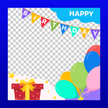 Happy Birthday photo frame.Flat style  photobooth  prop for B-day party in cartoon style with cake,balloons and confetti.Festive colorful design for party,invitation, greeting card.Vector illustration