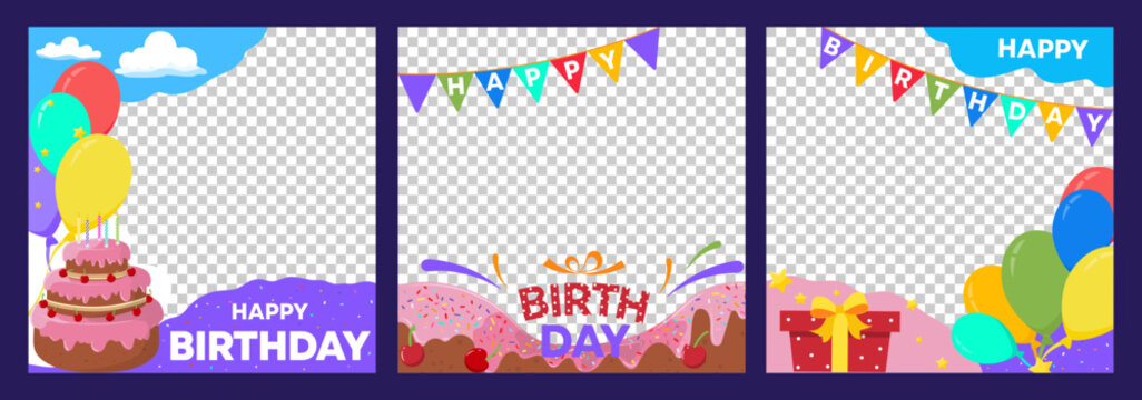 Happy Birthday cartoon frames set. B-day party photobooth props with cake, presents, balloons, garlands and confetti. Flat style design template for photo booth or party. Vector illustration
