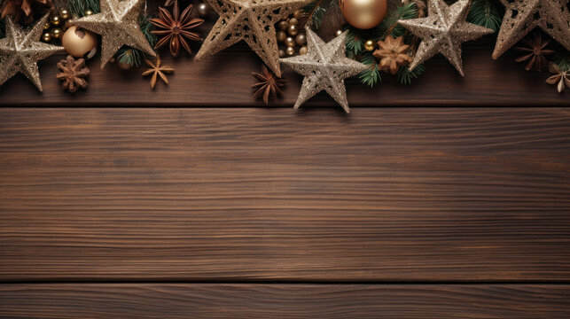 Christmas ornament decoration on dark wooden background, copy space. Generative AI