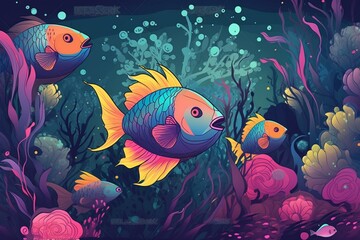 vibrant fish among coral, illustration. Generative AI