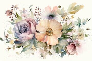Delicate and charming floral artwork, featuring vintage watercolor flowers in pastel colors. Perfect for wedding or greeting cards. Generative AI