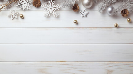 Christmas ornament decoration on white wooden background, copy space. Generative AI