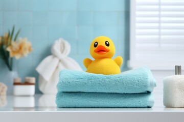 Cute rubber duck next to the soft towels in the bathroom interior