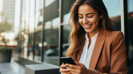 Obraz premium Empreendedora bem sucedida sorrindo e usando smartphone