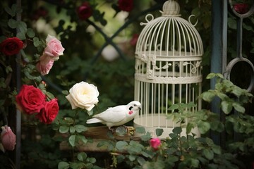 a picture of a bird in a garden with roses and a birdcage. Generative AI