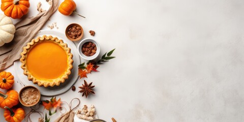 Fototapeta na wymiar Top view of pumpkin pie preparation. Homemade traditional dessert for thanksgiving and halloween