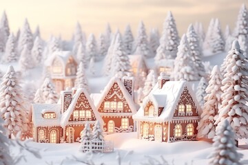 a gingerbread houses in a snowy forest