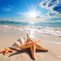 Fototapeta na wymiar starfish on a beach with waves crashing on the shore