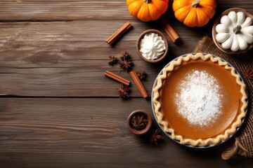 Fototapeta premium Top view of pumpkin pie preparation. Homemade traditional dessert for thanksgiving and halloween