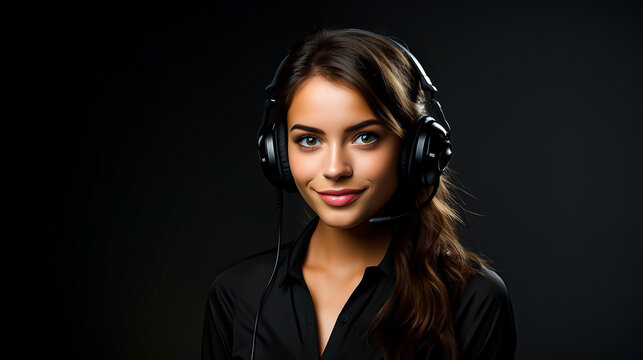 Attractive girl with headphones. Dark background. 