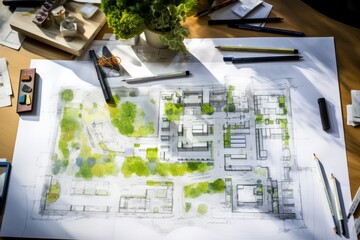 Architectural plans with landscape design on the desk. Top view