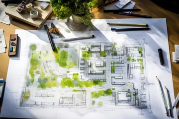 Foto auf Glas Architectural plans with landscape design on the desk. Top view © netrun78