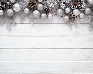 Christmas ornament decoration on white wooden background, copy space. Generative AI