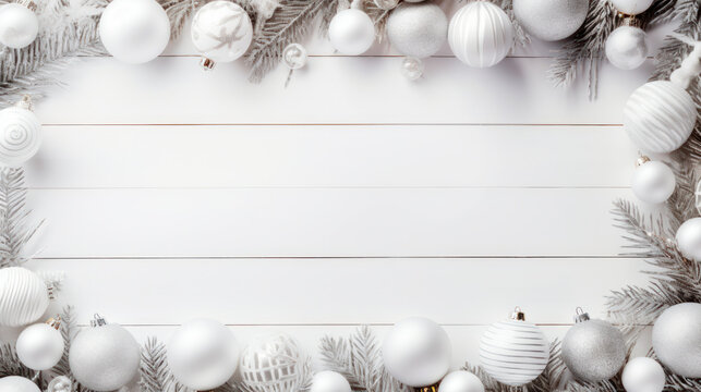 Christmas ornament decoration on white wooden background, copy space. Generative AI