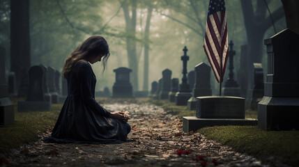 Fototapeta na wymiar mulher fazendo oração em cemitério, dia dos finados 