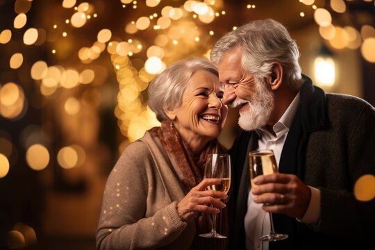Senior couple drinking sparkling wine and enjoying christmas or new year party