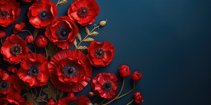 Banner with red poppy flowers on blue background, symbol for remembrance, memorial, anzac day