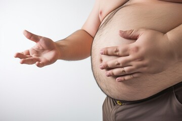 Man hand touching his fat belly on a light background, fat man, obesity, fat man touching his belly, unhealthy concept, obesity or unhealthy banner